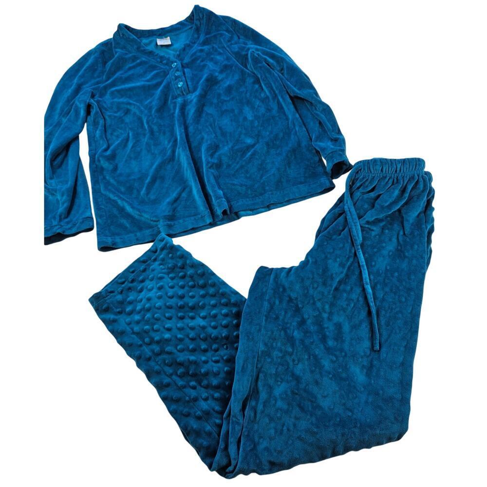 Blair size small 2 piece velour pajamas blue high waist drawstring warm winter ^